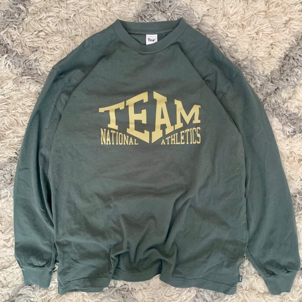 TNA Sweater Women's small Team National Athlete Print Green Crewneck Pullover